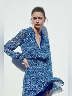 Zara Blue Floral-Accent Tunic Dress